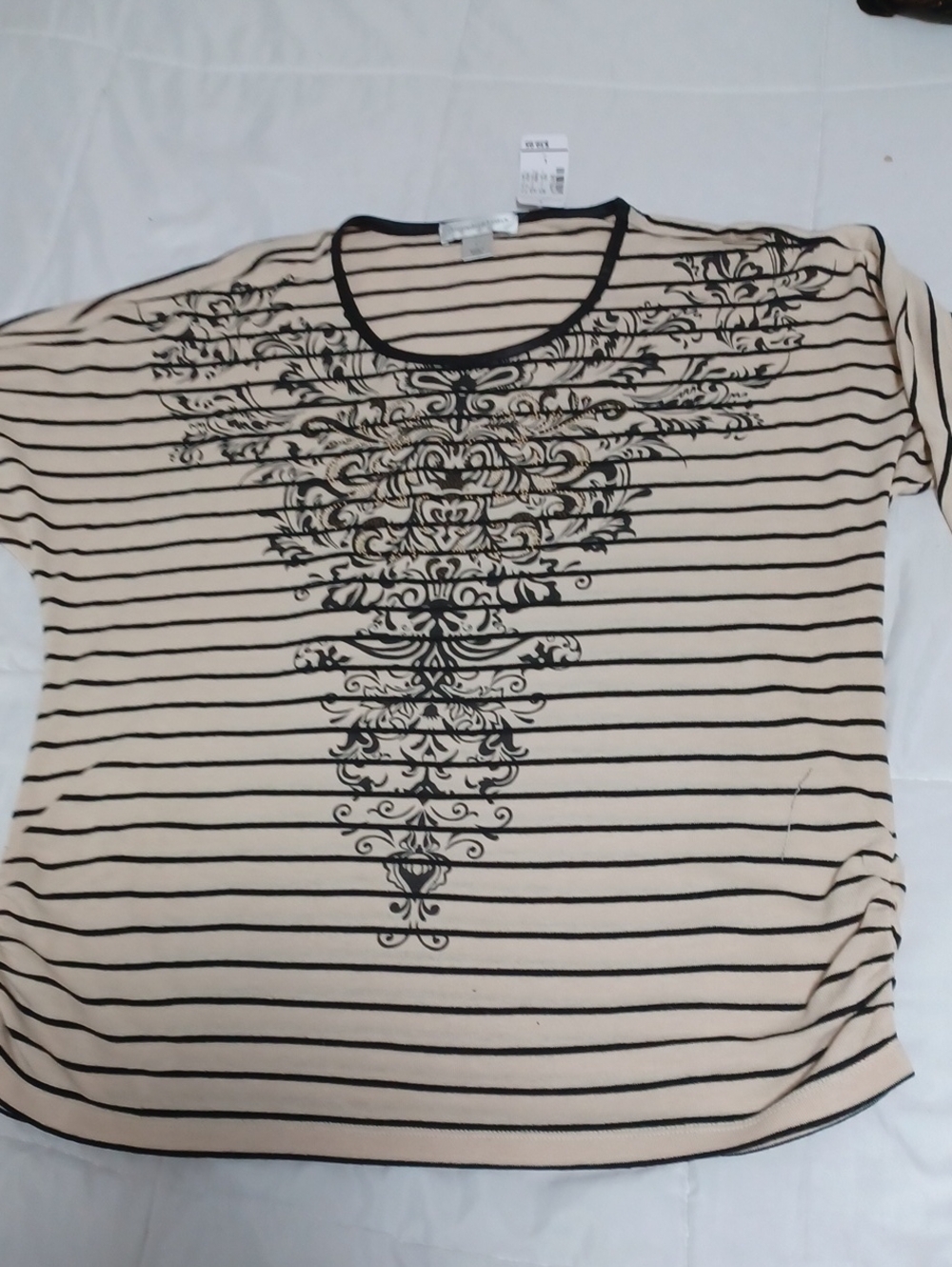 Christopher & Banks Beige and Black Striped Scoop Neck Tee with Ornate Motif